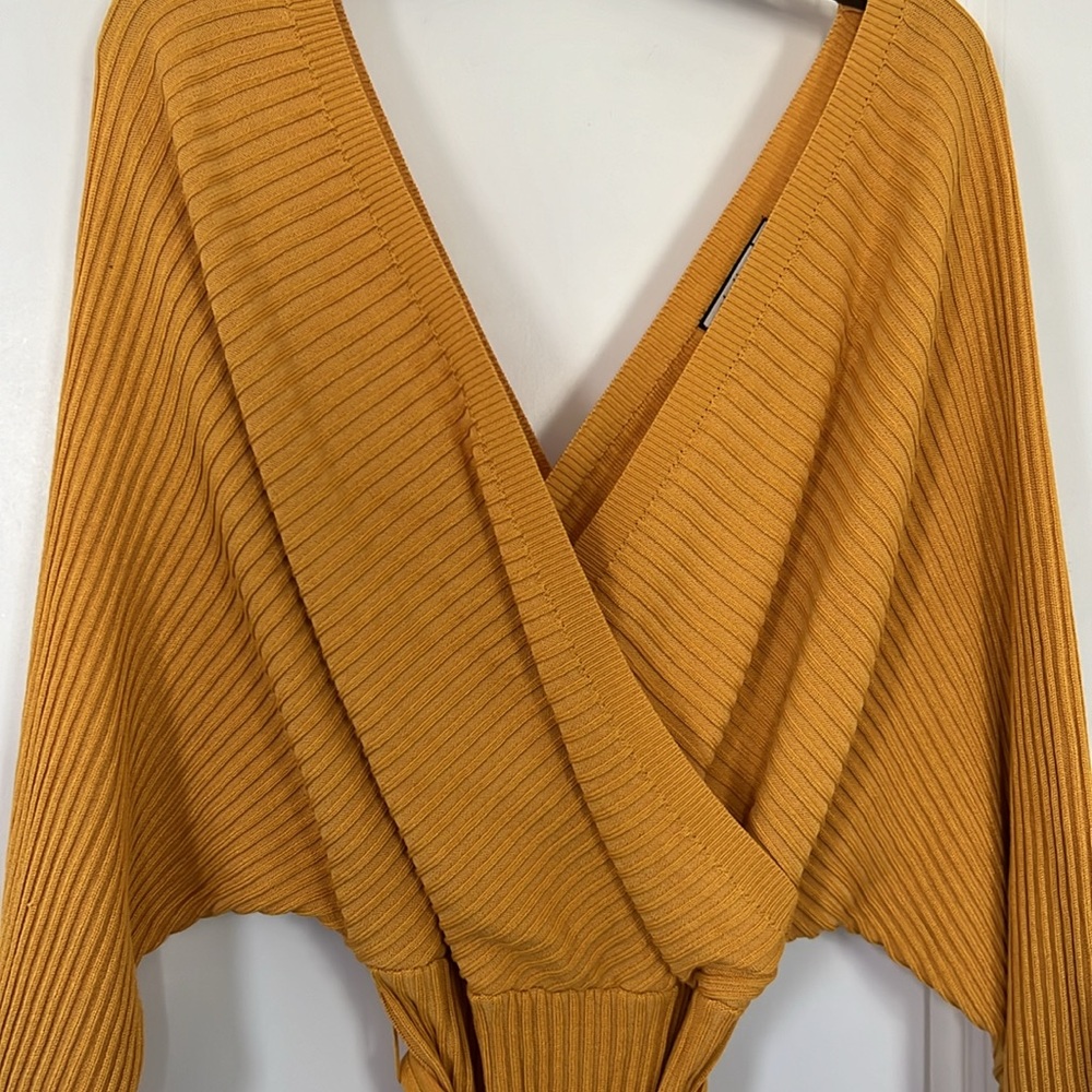 Mustard yellow stretchy cinched waistline v neck  ribbed knit sweater dress - Picture 3 of 5